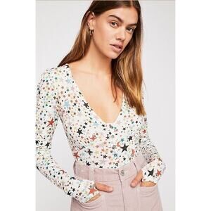 Free People White XS Henley Bodysuit Star Print Ribbed V-Neck Long Sleeve NEW